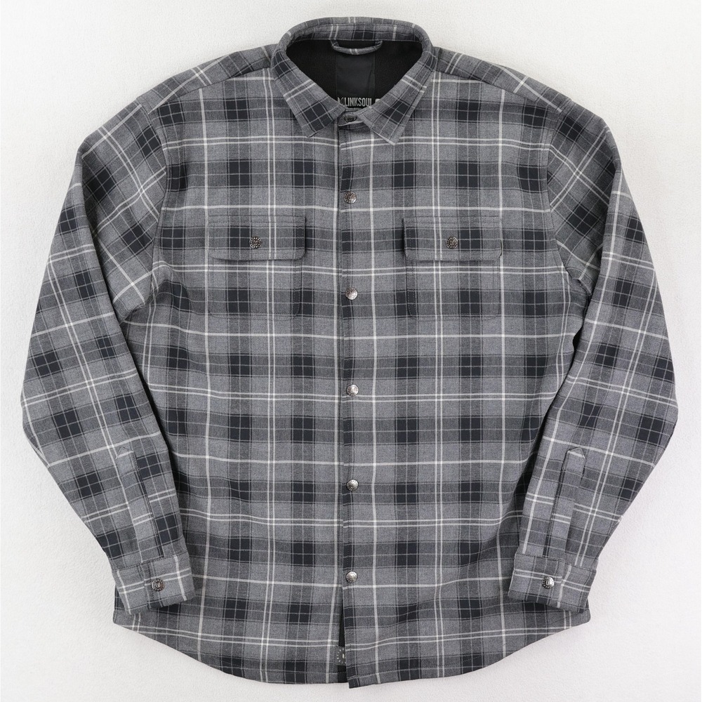 Linksoul Jacket Mens XL Gray Plaid Flannel Fleece Lined Snap Shirt Golf Casual